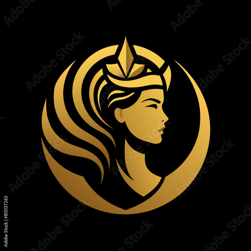 Golden Unique regal golden DUAFE hair royal black woman, DUAFE hair head, face view, closeup, business Logo Vector, Sphere style, Luxury, premium style logo, elegant vector logo, 