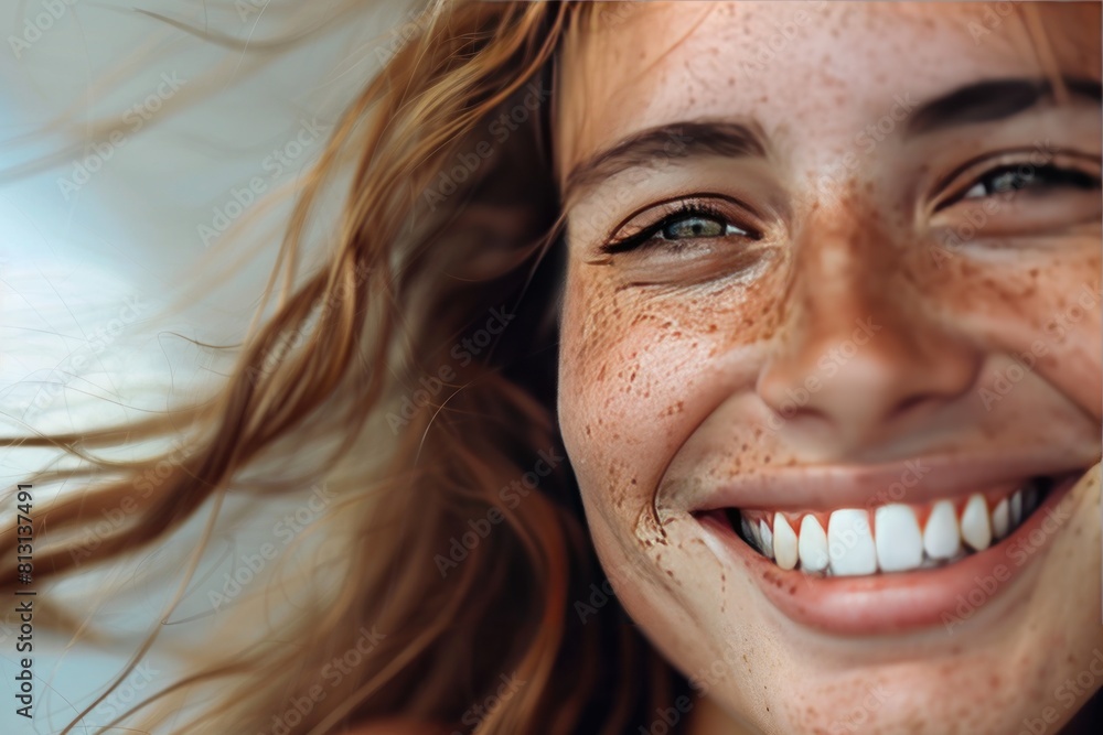 A woman with red hair and freckles is smiling and showing her teeth A woman with red hair and freckles is smiling and showing her teeth