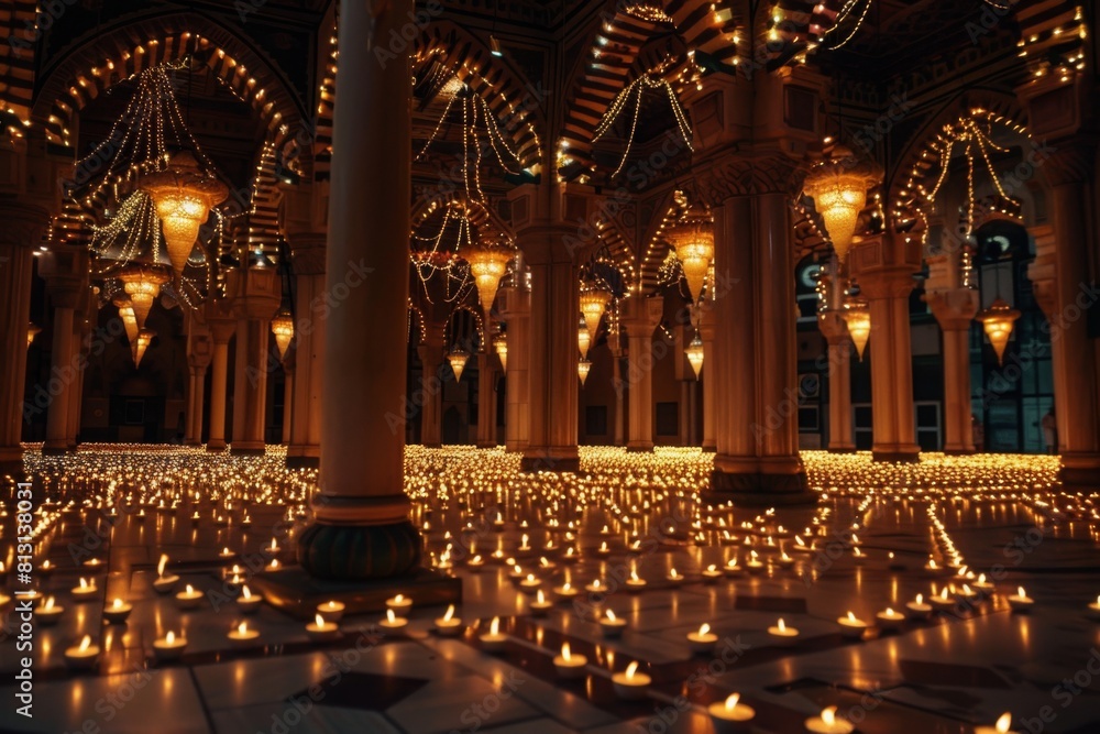 Obraz premium Interior of a mosque with countless candles and lanterns lit, creating a mesmerizing ambiance for Eid al-Adha