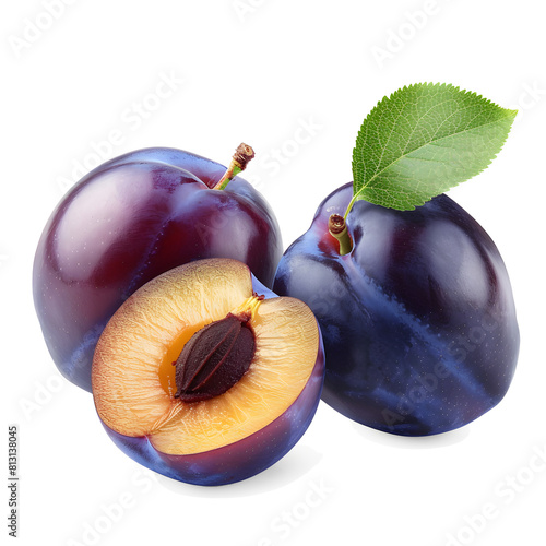 Isolated plums. Cut fresh blue plum fruits isolated on white background photo