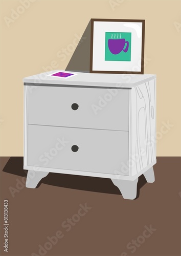 White wood bedside table. Nightstand illustration