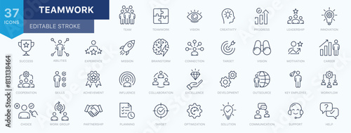 Teamwork icon set. Business team building, Work group and cooperation and collaboration icons minimal thin line web icon set. Outline icons collection. Vector illustration photo