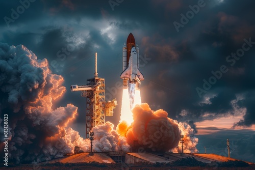 photorealistic photo of a space shuttle launch, with a dramatic sky and clouds, featuring a rocket in an epic style. photo