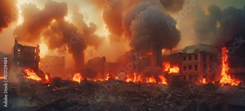Smoke rise from burning bombed destroyed buildings photo