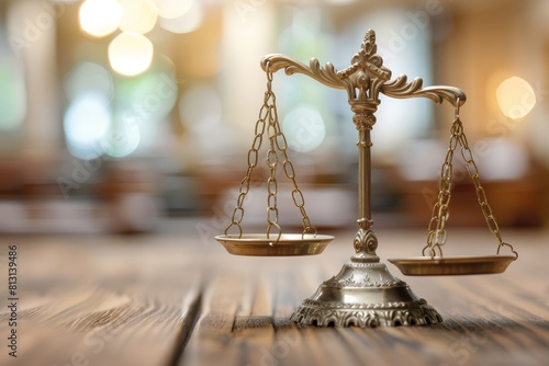 Realistic stock style high quality photo of an antique scale in the background, including scales and gavel on top of a wooden table with a blurred law office interior in bokeh effe photo