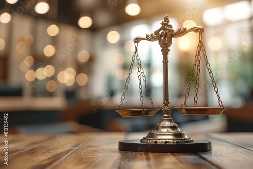 Realistic stock style high quality photo of an antique scale in the background, including scales and gavel on top of a wooden table with a blurred law office interior in bokeh effe photo