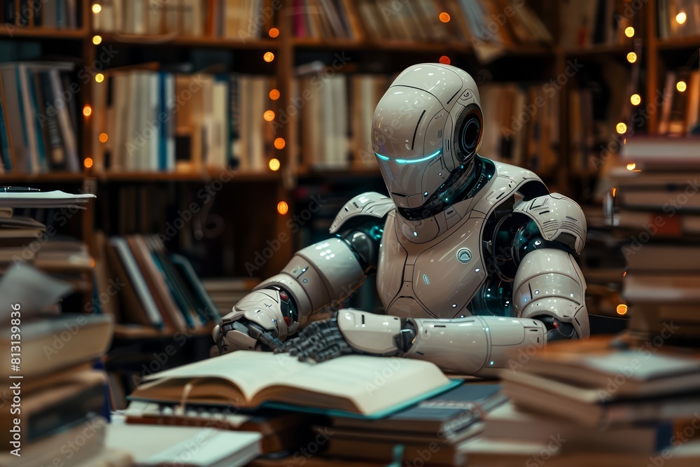 A robot is sitting at a desk with a book in front of it A robot is sitting at a desk with a book in front of it