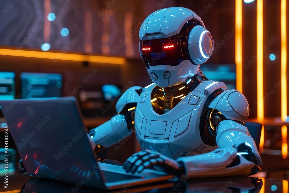 A robot is sitting at a desk and using a laptop