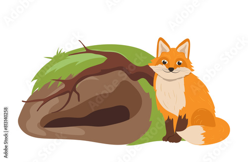 Cute red fox cartoon forest wild animal character living in burrow isolated vector illustration photo