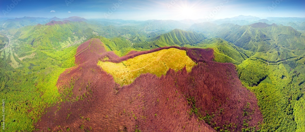 drone flies over a spring Carpathian peak with an interesting phenomenon - the mountain forest on the mountain is green up to a certain height, and above without leaves