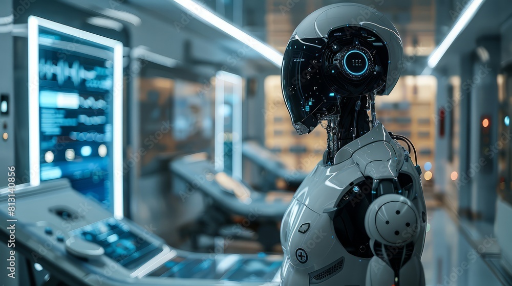 A robot is standing in front of a computer monitor A robot is standing in front of a computer monitor