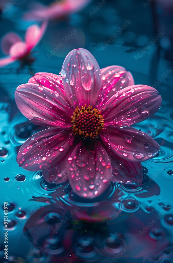 Vivid Pink Daisy in a Raindrop-Dotted Pond Vivid Pink Daisy in a Raindrop-Dotted Pond