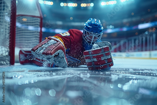 A hockey goalie lays sprawled on the ice, their outstretched limbs reaching for an elusive puck. photo