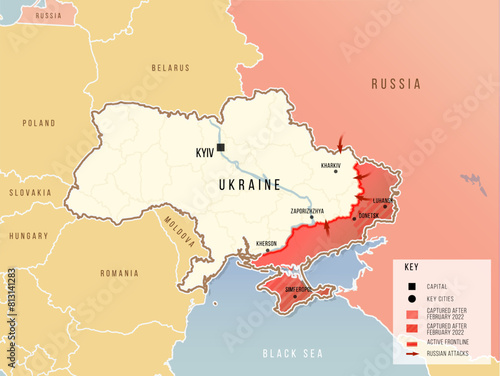 War in Ukraine 2024. Russian invasion with key cities and direction. Vector illustration map. Geopolitical concept set.