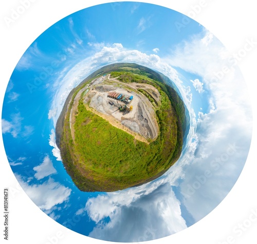 Carpathian Mountains of Ukraine, a quarry where granite sandstone is mined for the production of building materials, powerful trucks and conveyors load gravel - video from a drone Spherical 360 