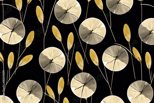Elegant Black and Gold Botanical Art. Stylish pattern of white circular flowers with gold stems on a black background, perfect for sophisticated wallpapers or textiles.