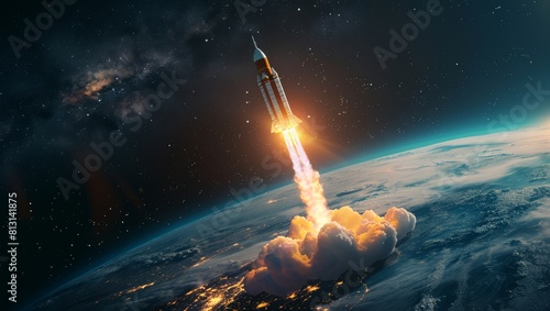 The rocket takes off into space, with the Earth in view behind it