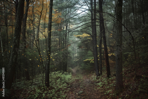 A forest trail in the woods, trees with leaves changing colors, dark and gloomy atmosphere, cinematic photography