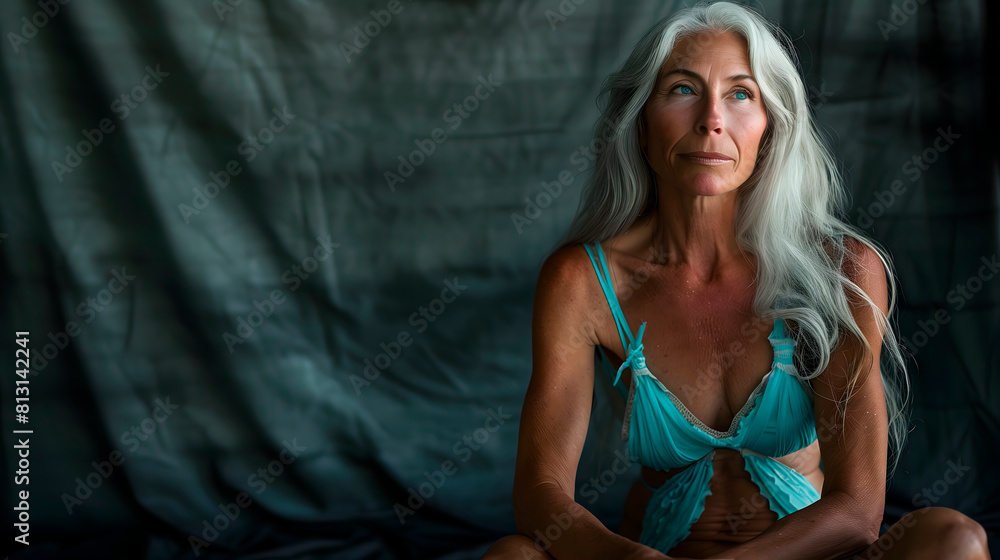 Retrato de mujer mayor en postura de meditación con fondo oscuro Retrato de mujer mayor en postura de meditación con fondo oscuro