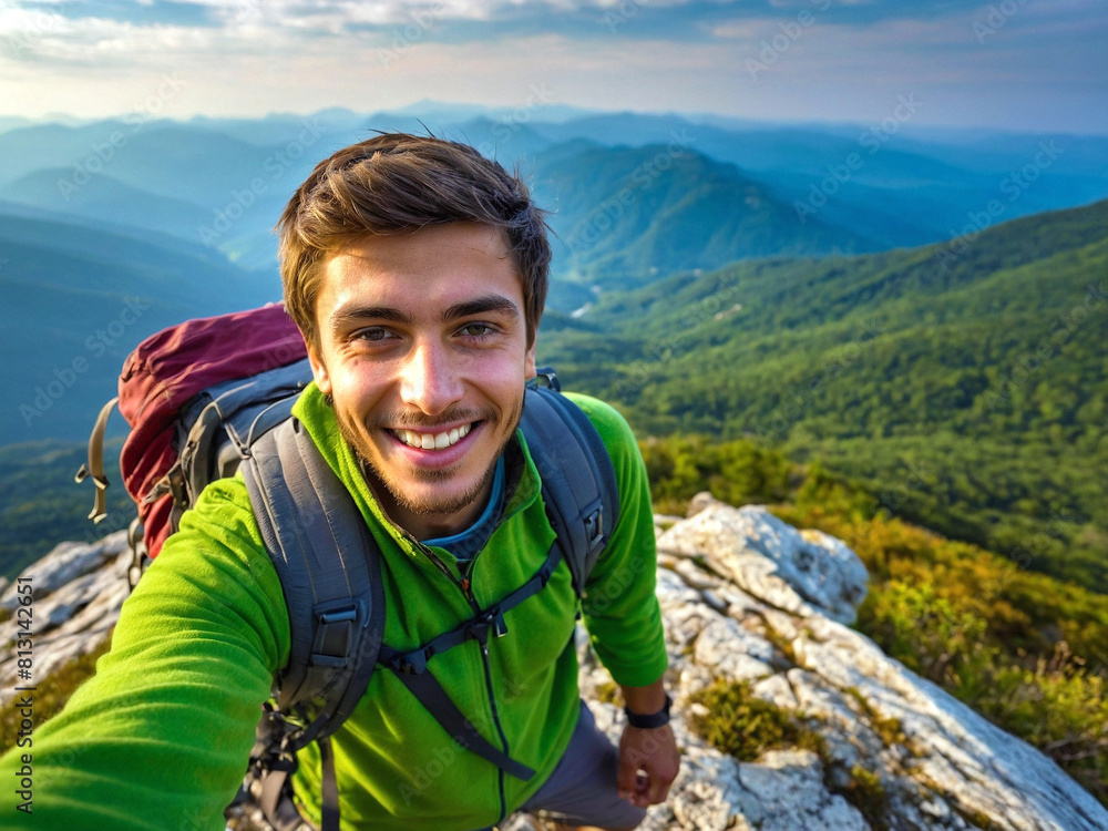 Young boy with hiking backpack on the rocky terrain of a high mountain peak. Stunning view of mountains covered in lush greenery under a clear sky. Themes of adventure, hiking and nature exploration.
