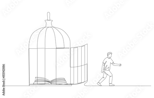 Continuous one line drawing of man walking out of cage with opened book inside, learning beyond book concept, single line art.