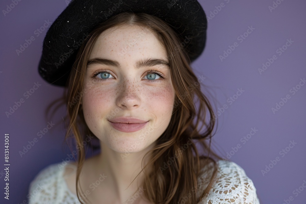 Elegant Portrait of a Young Woman with Freckles and Blue Eyes, Stylishly Dressed in Chic Accessories Elegant Portrait of a Young Woman with Freckles and Blue Eyes, Stylishly Dressed in Chic Accessories