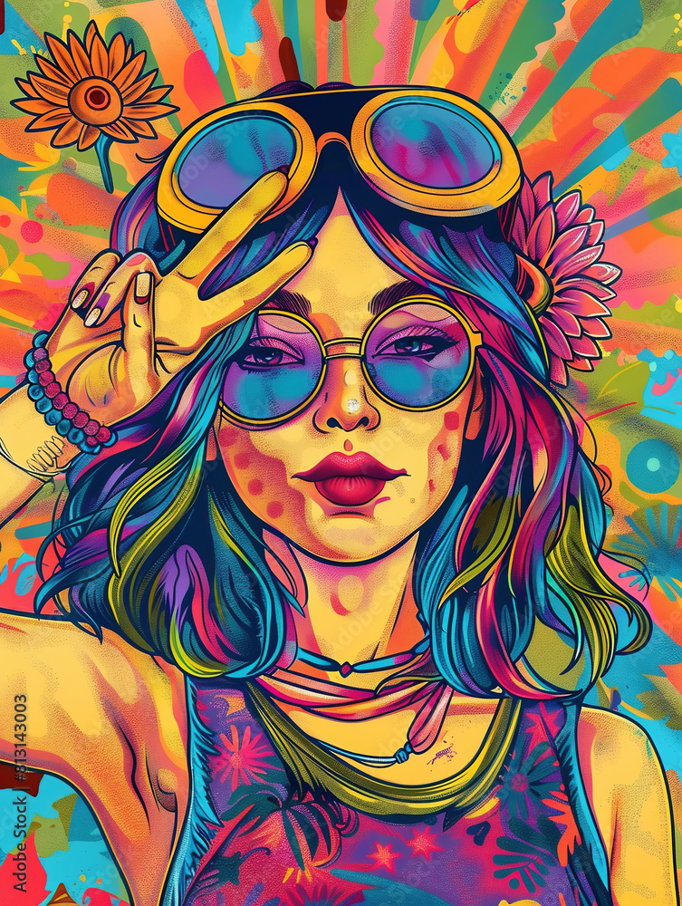 A friendly hippie girl making a victory sign, surreal, colourful peace, love, freedom,
