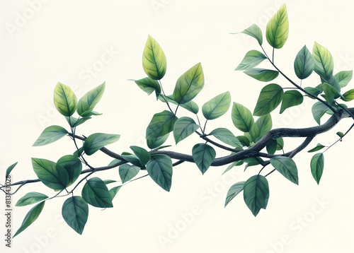 Serene Branch of Fresh Leaves, Isolated on White Background