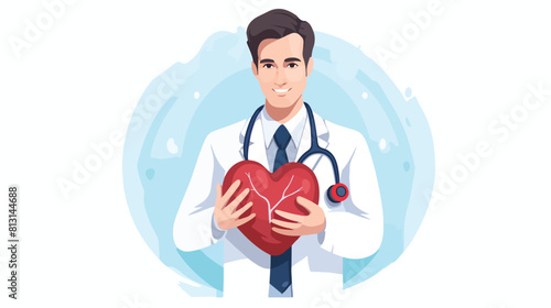Male cardiac surgeon in lab coat holding heart with photo