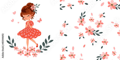 Cute girl with flowers vector illustration and seamless pattern design, artwork for kids prints, fabrics, t shirt, birthday cards.