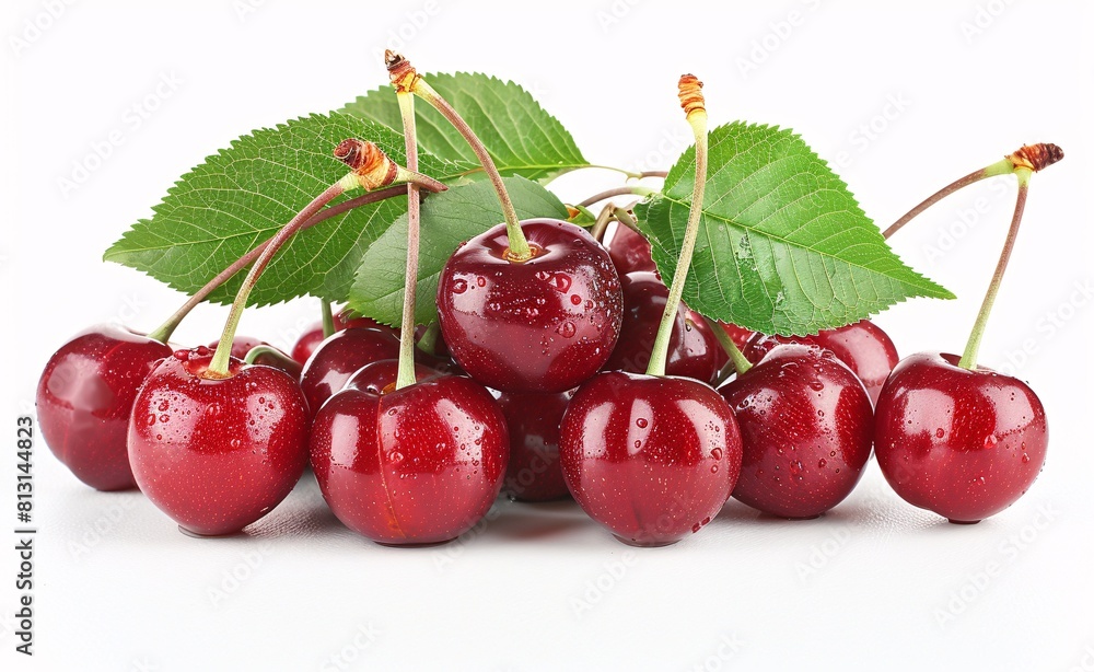Fresh Cherry Cluster with Green Leaves on a White Background Fresh Cherry Cluster with Green Leaves on a White Background