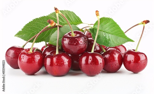 Fresh Cherry Cluster with Green Leaves on a White Background