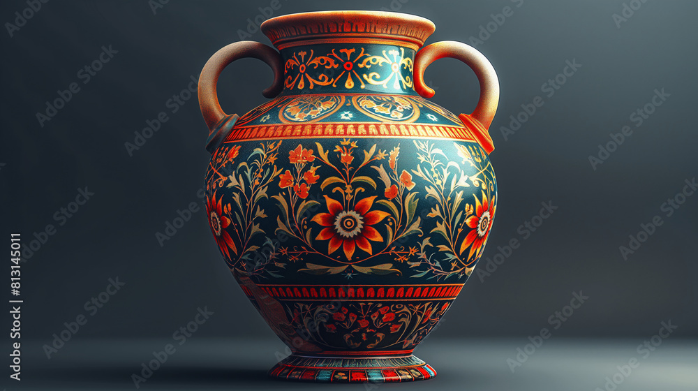 An artistic representation of a finely crafted Greek amphora adorned with intricate black-figure and red-figure paintings, depicting heroic myths, epic battles, and divine beings f