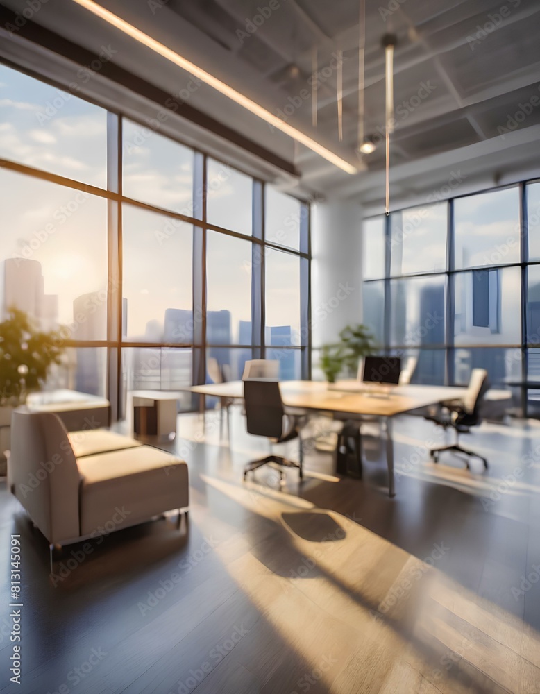 A modern office with a large window overlooking the city A modern office with a large window overlooking the city