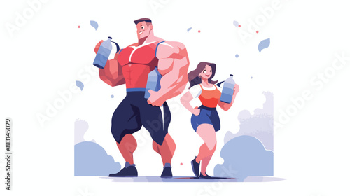 Man and woman bodybuilders weightlifters drinking p