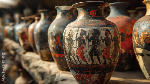 An artistic representation of a finely crafted Greek amphora adorned with intricate black-figure and red-figure paintings, depicting heroic myths, epic battles, and divine beings f