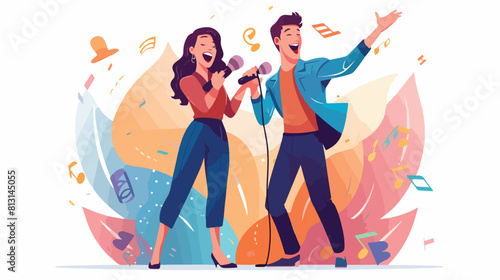 Man and woman couple singing in duet karaoke party