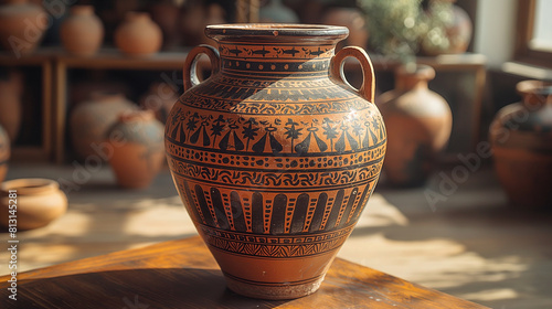 A visually stunning composition capturing the timeless beauty of an ancient Greek pottery vase, adorned with black-figure and red-figure paintings depicting scenes of mythology, hi photo