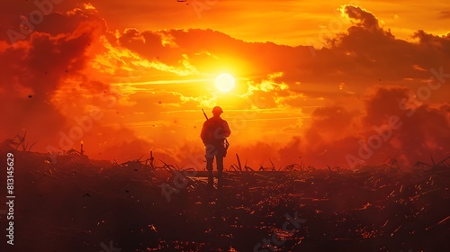 A lone soldier silhouetted against a dramatic sunset, surveying a battlefield strewn with debris