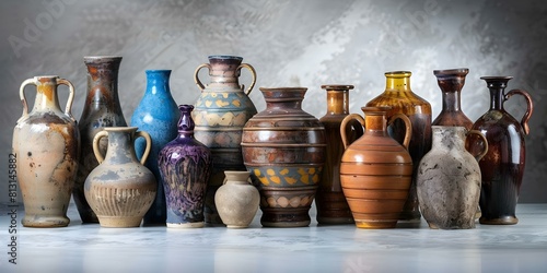 Ancient Ceramic Amphoras for Wine, Water, or Milk Displayed on a White Background. Concept Ancient Pottery, Ceramic Amphoras, Historical Artifacts, Display Photography, White Background