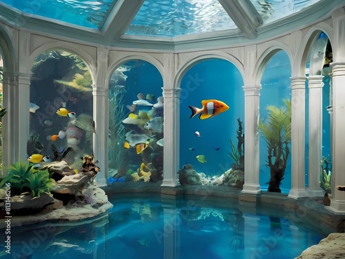 An ancient church or palace-type building under the sea, where marine creatures live