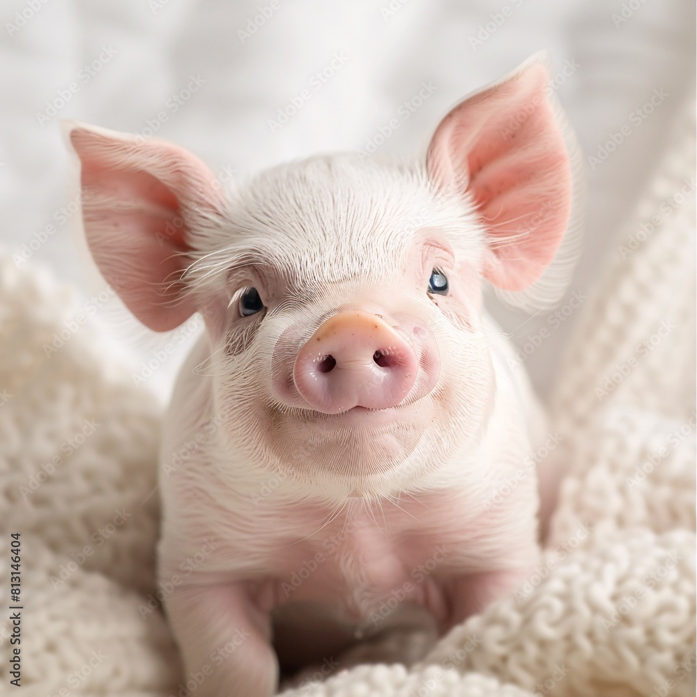 Charming Newborn Piglet with a Smiling Expression, Sitting on Blanket Charming Newborn Piglet with a Smiling Expression, Sitting on Blanket