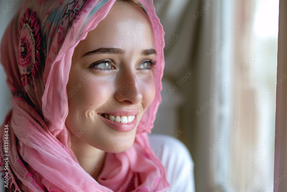 Smiling Woman in Pink Headscarf by Window, with Soft Focus Background Smiling Woman in Pink Headscarf by Window, with Soft Focus Background