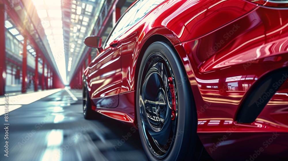 Modern shiny red car in a dynamic setting