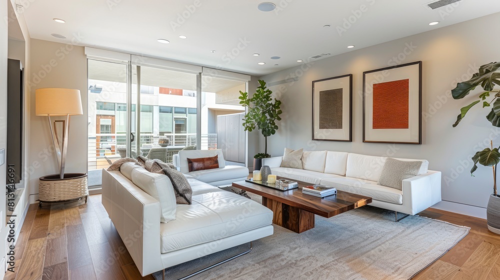 Fototapeta premium Admire The Blend Of Modern Mid-Century And Minimalist Design In The Living Room, Featuring A White Sofa And Sleek Furnishings