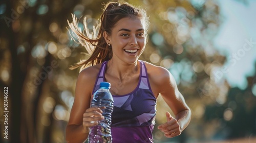 Empowered Athlete: Female Runner with Bottle in Action Shot