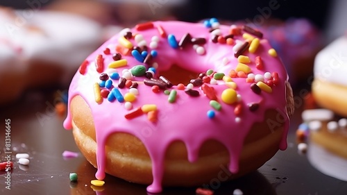 Delicious pink frosted doughnut with colorful sprinkles
