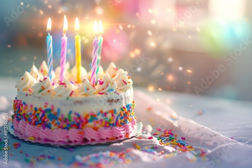 Colorful Birthday Cake Topped With Colorful Candles and Sprinkles