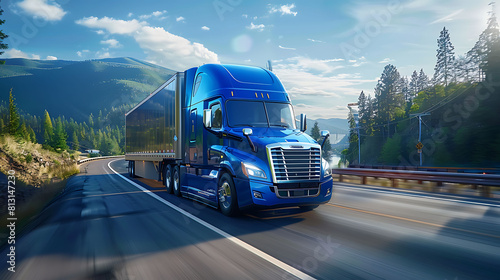 Blue big rig industrial grade bonnet long hauler diesel semi truck with high roof cab and refrigerator semi trailer running with commercial cargo on the wide highway road with green trees hillside photo