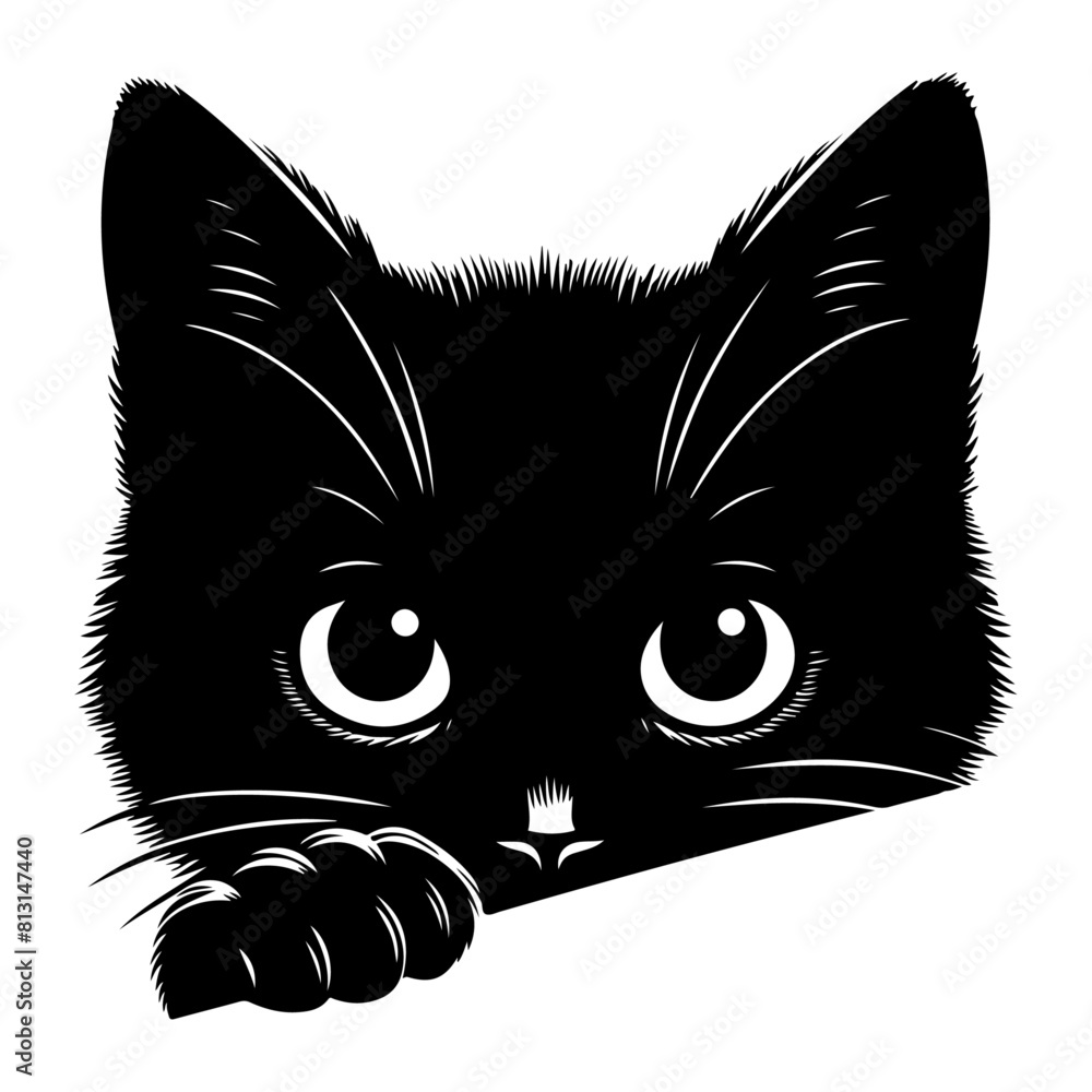 Fototapeta premium Black Cat Peeking Around Corner , vector black color silhouette